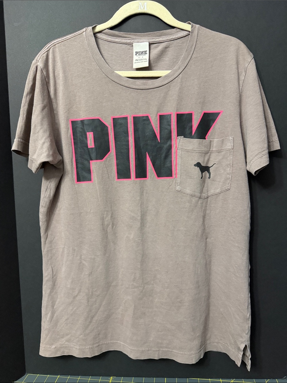 PINK Victoria's Secret Taupe Short Sleeve Tee with Bold Black & Pink Logo